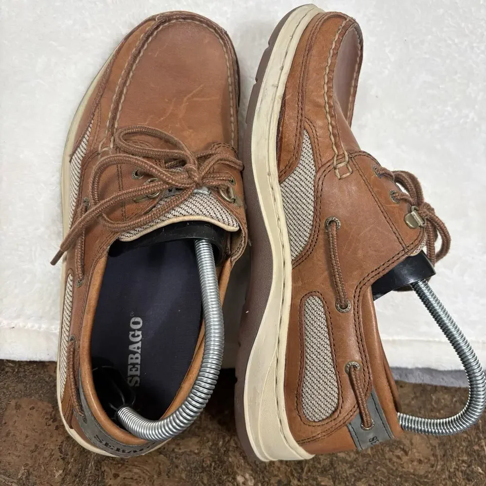 Sebago Brown Leather Boat Shoes Lace Up Comfort Deck Loafers Mens 8.5 WW